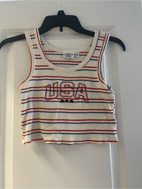 Mighty Fine Cream Ribbed Tank with Red & Blue Stripes